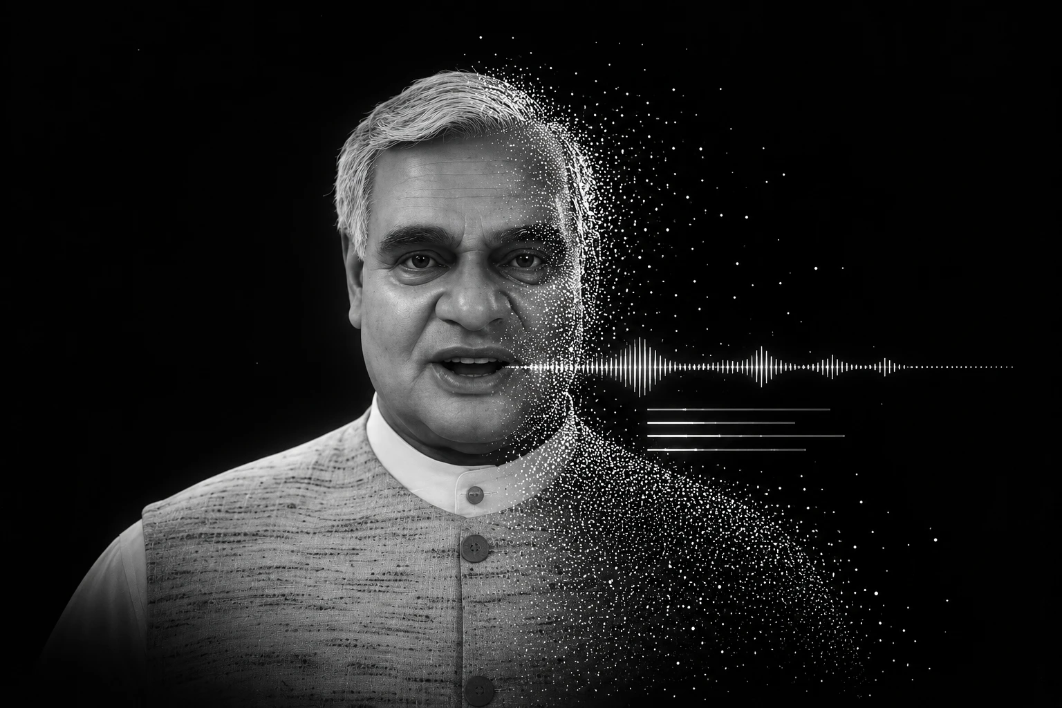 A digital human mid-sentence, his face dissolving into points beside a voice waveform